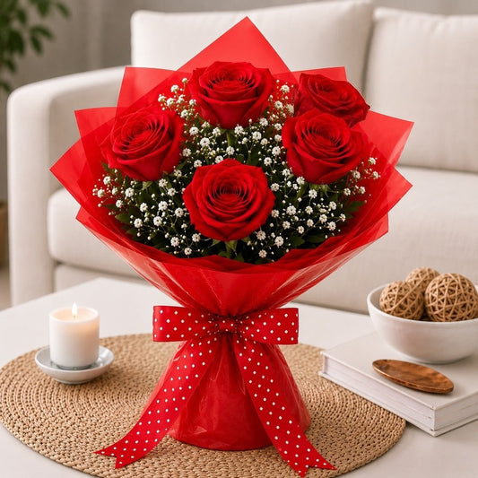 5 Fresh Red Roses Bouquet