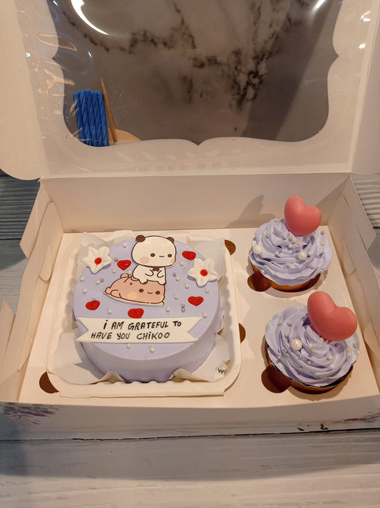 Customize bento cake with 2 cupcakes for your love (purple)